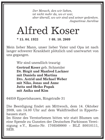 Traueranzeige von Alfred Koser von OFFENBACH-POST/HANAU-POST