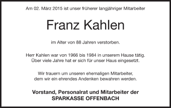 Traueranzeige von Franz Kahlen von Offenbach