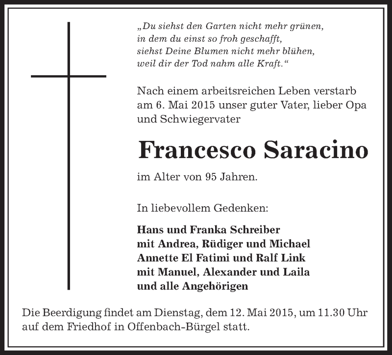  Traueranzeige für Francesco Saracino vom 09.05.2015 aus Offenbach