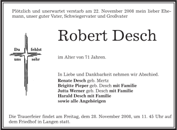 Traueranzeige von Robert Desch von OFFENBACH-POST/HANAU-POST