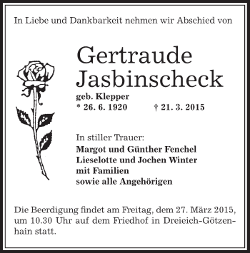 Traueranzeige von Gertraude Jasbinscheck von Offenbach