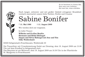 Traueranzeige von Sabine Bonifer von OFFENBACH-POST/HANAU-POST