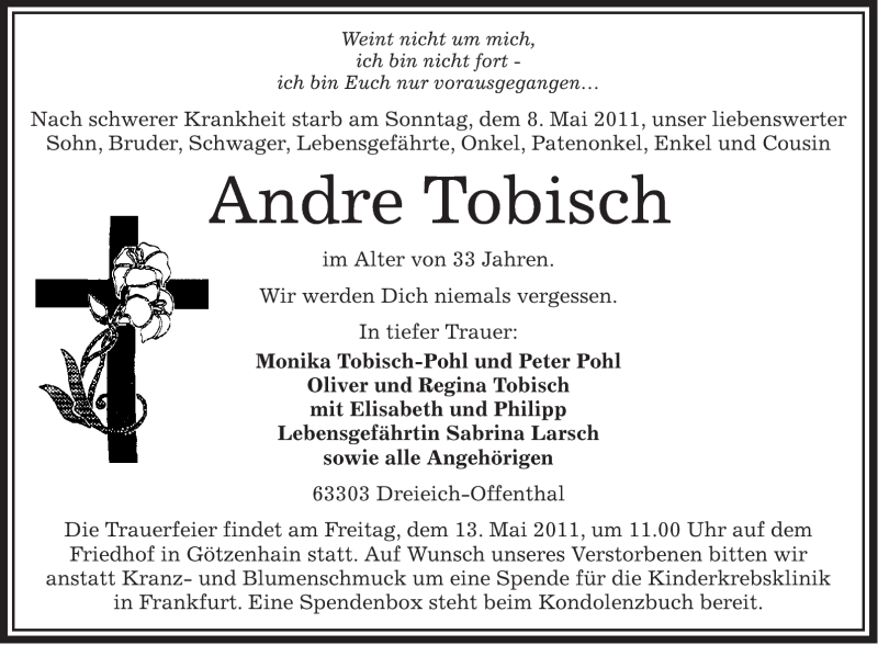  Traueranzeige für Andre Tobisch vom 11.05.2011 aus OFFENBACH-POST/HANAU-POST