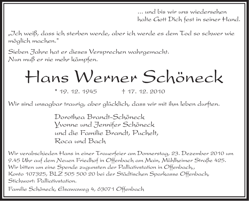  Traueranzeige für Hans Werner Schöneck vom 21.12.2010 aus OFFENBACH-POST/HANAU-POST