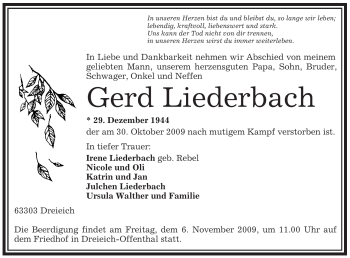 Traueranzeige von Gerd Liederbach von OFFENBACH-POST/HANAU-POST