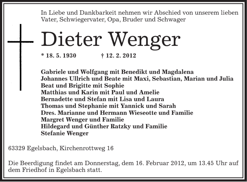  Traueranzeige für Dieter Wenger vom 15.02.2012 aus OFFENBACH-POST/HANAU-POST