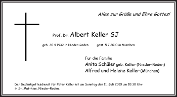 Traueranzeige von Albert Keller SJ von OFFENBACH-POST/HANAU-POST