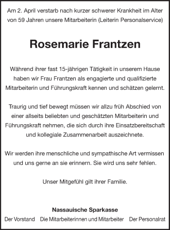 Traueranzeige von Rosemarie Frantzen von Offenbach