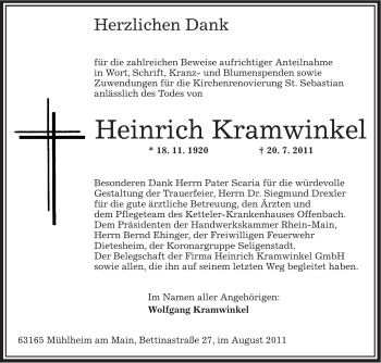 Traueranzeige von Heinrich Kramwinkel von OFFENBACH-POST/HANAU-POST