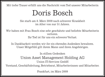 Traueranzeige von Doris Bosch von OFFENBACH-POST/HANAU-POST