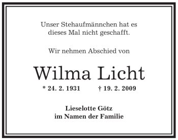 Traueranzeige von Wilma Licht von OFFENBACH-POST/HANAU-POST