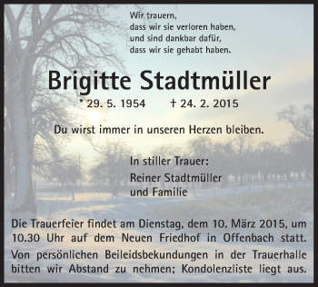 Traueranzeige von Brigitte Stadtmüller von Offenbach