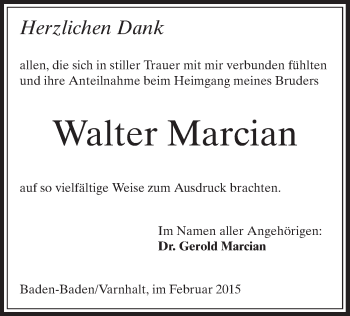 Traueranzeige von Walter Marcian von Offenbach