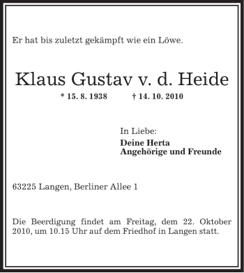 Traueranzeige von Klaus Gustav von der Heide von OFFENBACH-POST/HANAU-POST