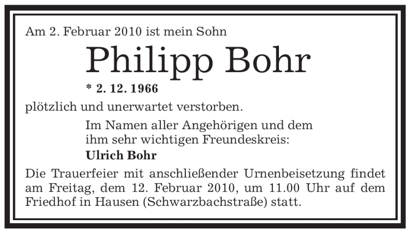  Traueranzeige für Philipp Bohr vom 06.02.2010 aus OFFENBACH-POST/HANAU-POST