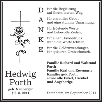 Traueranzeige von Hedwig Porth von OFFENBACH-POST/HANAU-POST