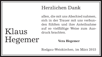 Traueranzeige von Klaus Hegemer von Offenbach