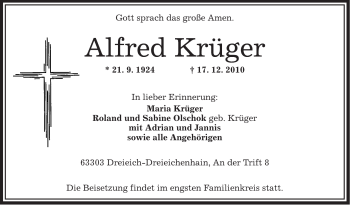 Traueranzeige von Alfred Krüger von OFFENBACH-POST/HANAU-POST