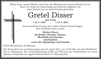 Traueranzeige von Gretel Disser von OFFENBACH-POST/HANAU-POST