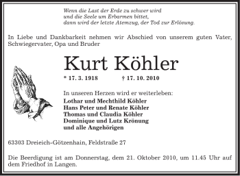 Traueranzeige von Kurt Köhler von OFFENBACH-POST/HANAU-POST