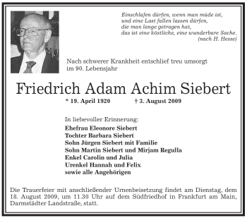 Traueranzeige von Friedrich Adam Achim Siebert von OFFENBACH-POST/HANAU-POST