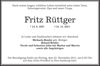 Traueranzeige von Fritz Rüttger von OFFENBACH-POST/HANAU-POST