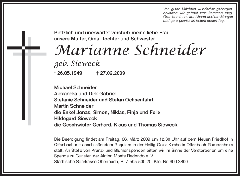  Traueranzeige für Marianne Schneider vom 03.03.2009 aus OFFENBACH-POST/HANAU-POST