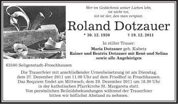 Traueranzeige von Roland Dotzauer von OFFENBACH-POST/HANAU-POST