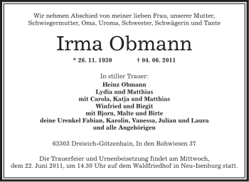 Traueranzeige von Irma Obmann von OFFENBACH-POST/HANAU-POST