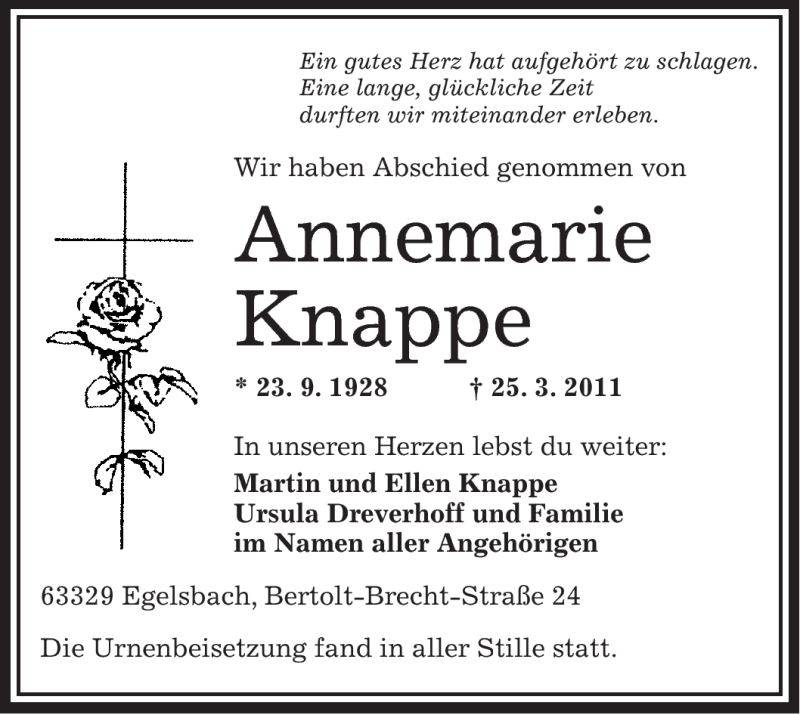  Traueranzeige für Annemarie Knappe vom 05.04.2011 aus OFFENBACH-POST/HANAU-POST