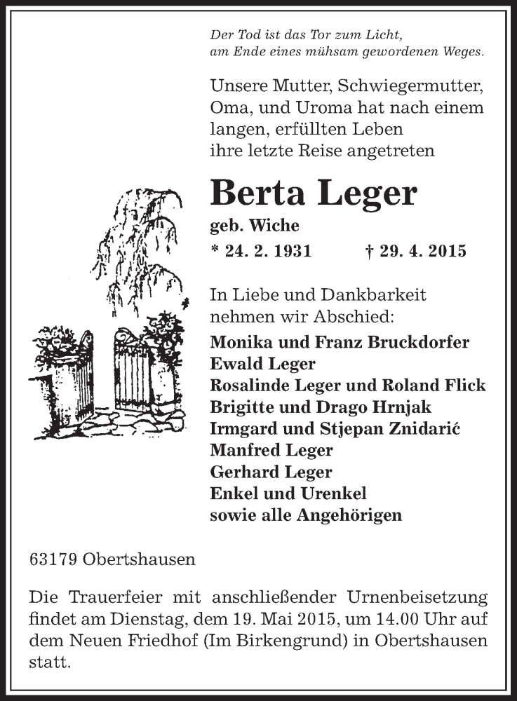  Traueranzeige für Berta Leger vom 09.05.2015 aus Offenbach