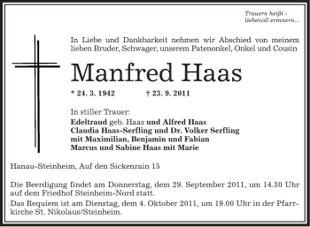 Traueranzeige von Manfred Haas von OFFENBACH-POST/HANAU-POST