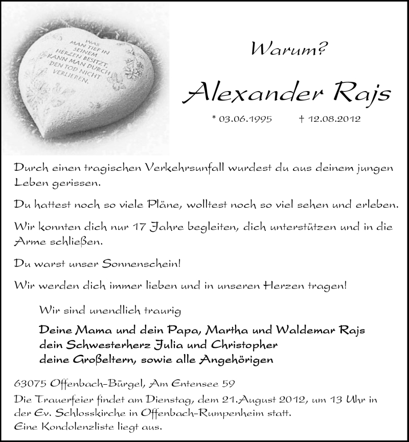  Traueranzeige für Alexander Rajs vom 18.08.2012 aus OFFENBACH-POST/HANAU-POST