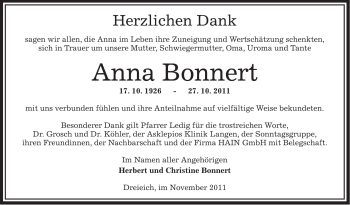 Traueranzeige von Anna Bonnert von OFFENBACH-POST/HANAU-POST