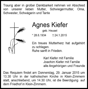 Traueranzeige von Agnes Kiefer von Offenbach