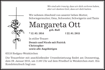 Traueranzeige von Margareta Ott von Offenbach