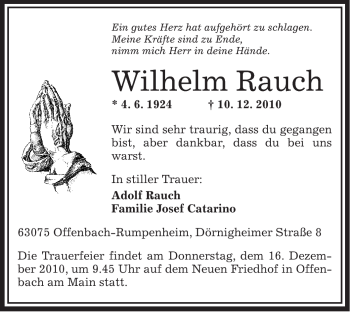 Traueranzeige von Wilhelm Rauch von OFFENBACH-POST/HANAU-POST