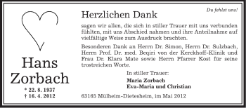 Traueranzeige von Hans Zorbach von OFFENBACH-POST/HANAU-POST