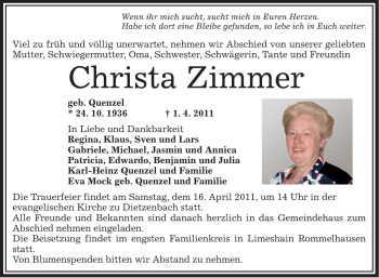 Traueranzeige von Christa Zimmer von OFFENBACH-POST/HANAU-POST