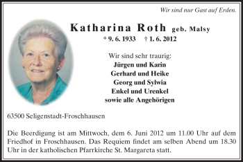 Traueranzeige von Katharina Roth von OFFENBACH-POST/HANAU-POST