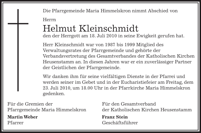  Traueranzeige für Helmut Kleinschmidt vom 22.07.2010 aus OFFENBACH-POST/HANAU-POST