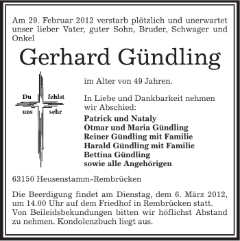 Traueranzeige von Gerhard Gündling von OFFENBACH-POST/HANAU-POST