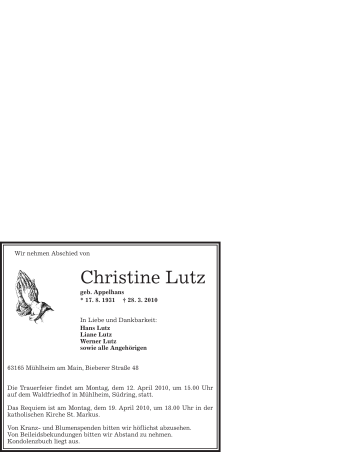 Traueranzeige von Christine Lutz von OFFENBACH-POST/HANAU-POST