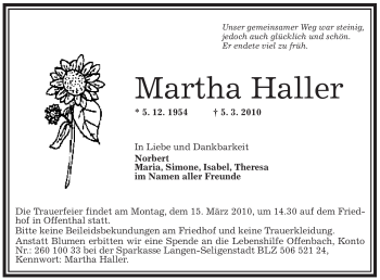 Traueranzeige von Martha Haller von OFFENBACH-POST/HANAU-POST