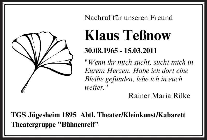  Traueranzeige für Klaus Teßnow vom 26.03.2011 aus OFFENBACH-POST/HANAU-POST