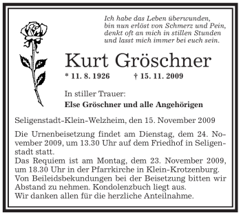 Traueranzeige von Kurt Gröschner von OFFENBACH-POST/HANAU-POST