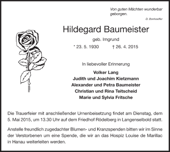 Traueranzeige von Hildegard Baumeister von Offenbach