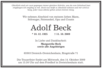 Traueranzeige von Adolf Beck von OFFENBACH-POST/HANAU-POST