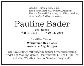 Traueranzeige von Pauline Bader von OFFENBACH-POST/HANAU-POST