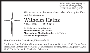 Traueranzeige von Wilhelm Hainz von OFFENBACH-POST/HANAU-POST